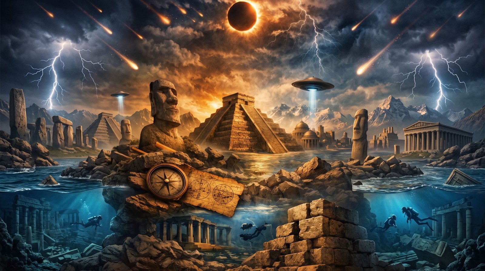Ilustração conceitual de ruínas megalíticas e ruínas antigas cobertas pelo gelo e pela água, simbolizando civilizações perdidas. As Civilizações Perdidas e o Ciclo da Amnésia Humana